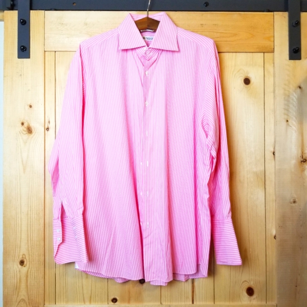 Domenico Vacca Cotton Light Pink/White Pinstripe Turnback Cuff Long Sleeve Shirt